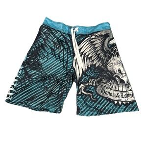 MMA Elite Board Shorts Mens M Black Gray Blue Swim Surf Trunks Grunge Y2K Eagle